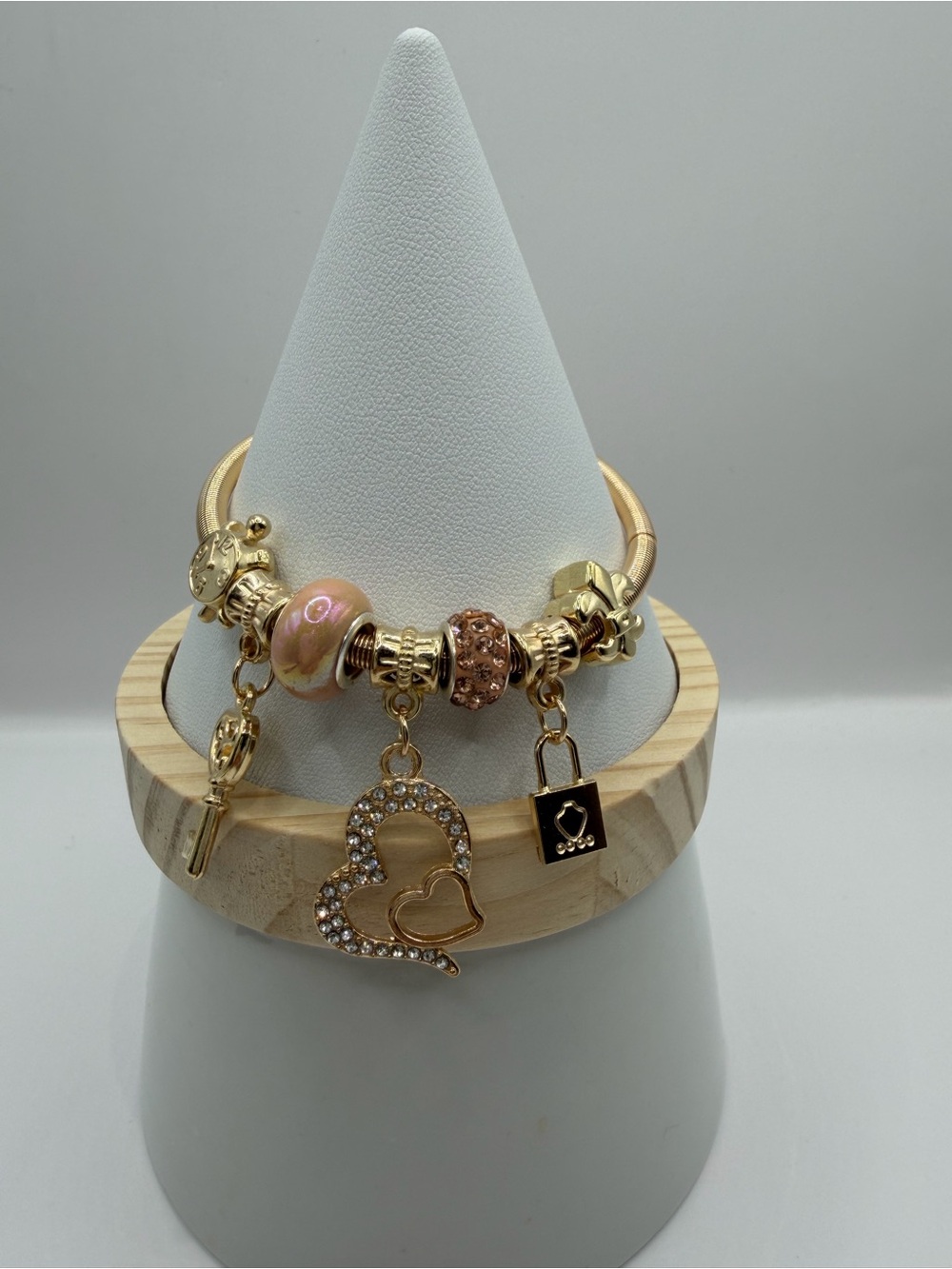 Gold Lock & Key Charm Bracelet | Pandora Style Snake Chain - Picture 9 of 10